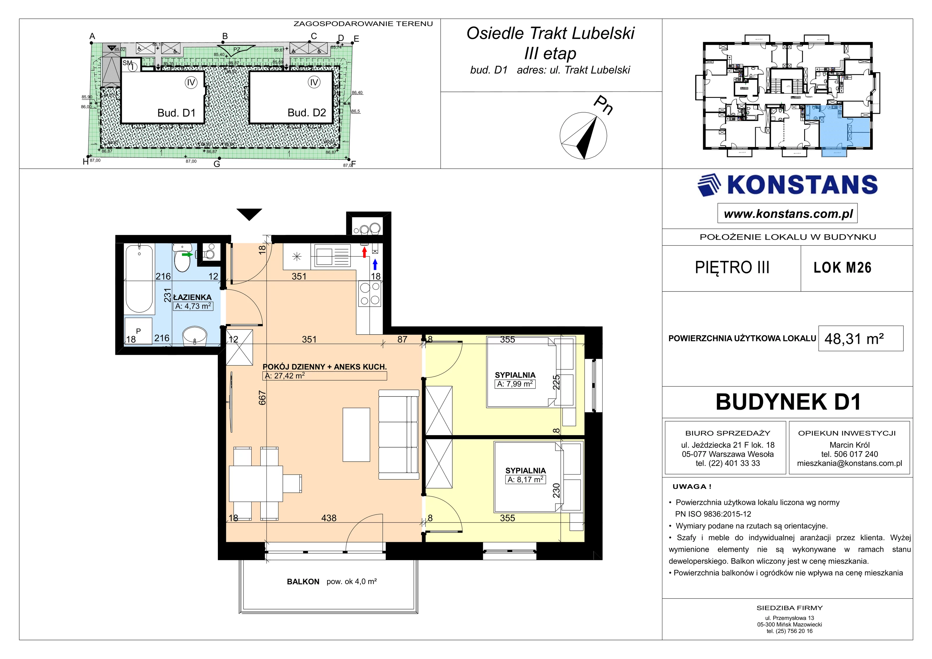 3 pokoje, mieszkanie 48,31 m², piętro 3, oferta nr D1.26, Trakt Lubelski Etap III, Warszawa, Wawer, Zbytki, ul. Trakt Lubelski 181C/181D